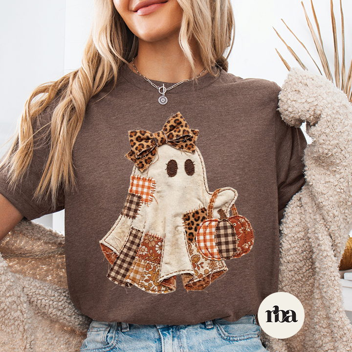 Patchy Ghost Halloween graphic T-shirt mockup.