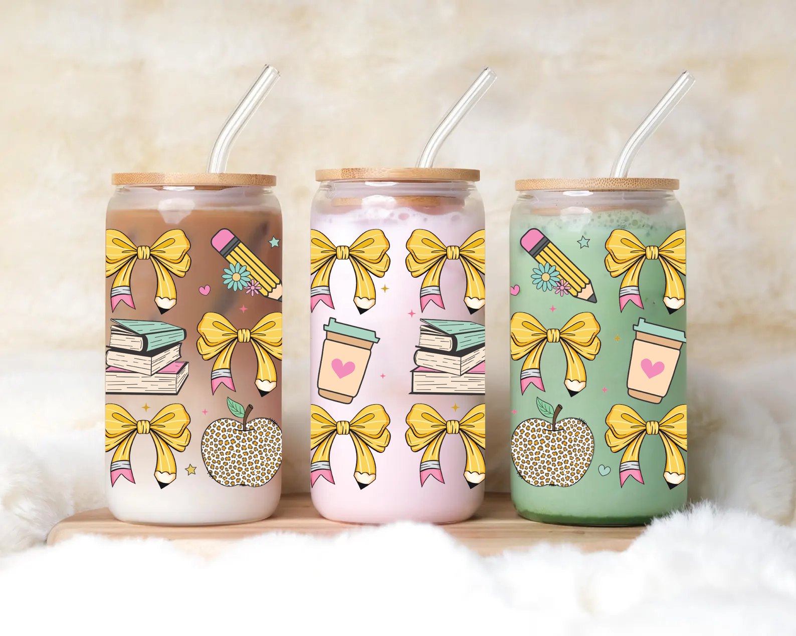 Teacher Pencil Bows Iced Coffee Glass