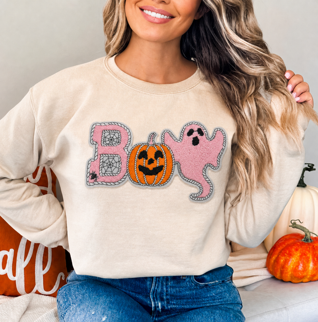 Pink Ghost Boo Chenille Patch Sweatshirt mockup