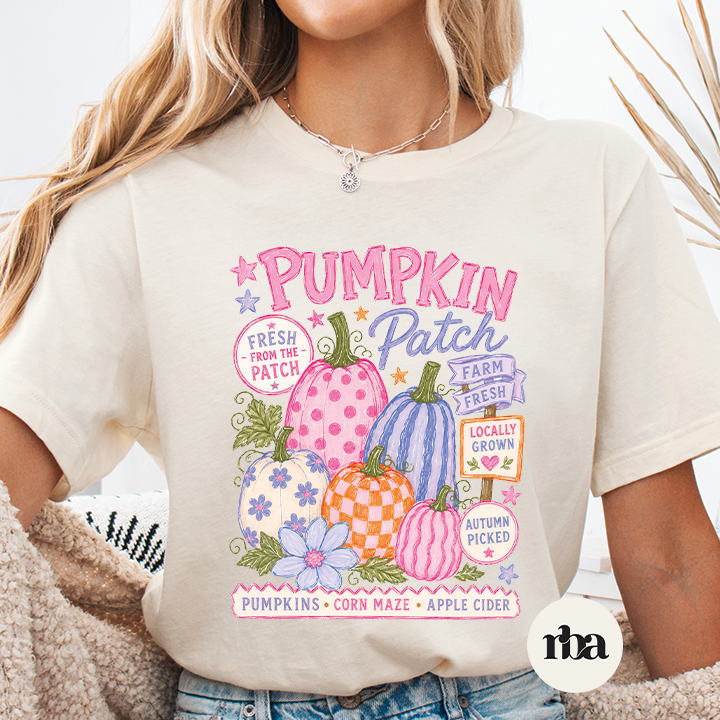 Pumpkin Patch fall graphic T-shirt mockup.