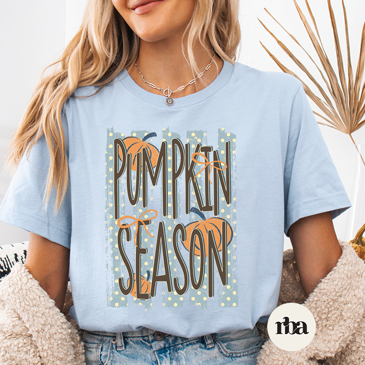 Pumpkin Season Blue Stripe fall graphic T-shirt mockup.
