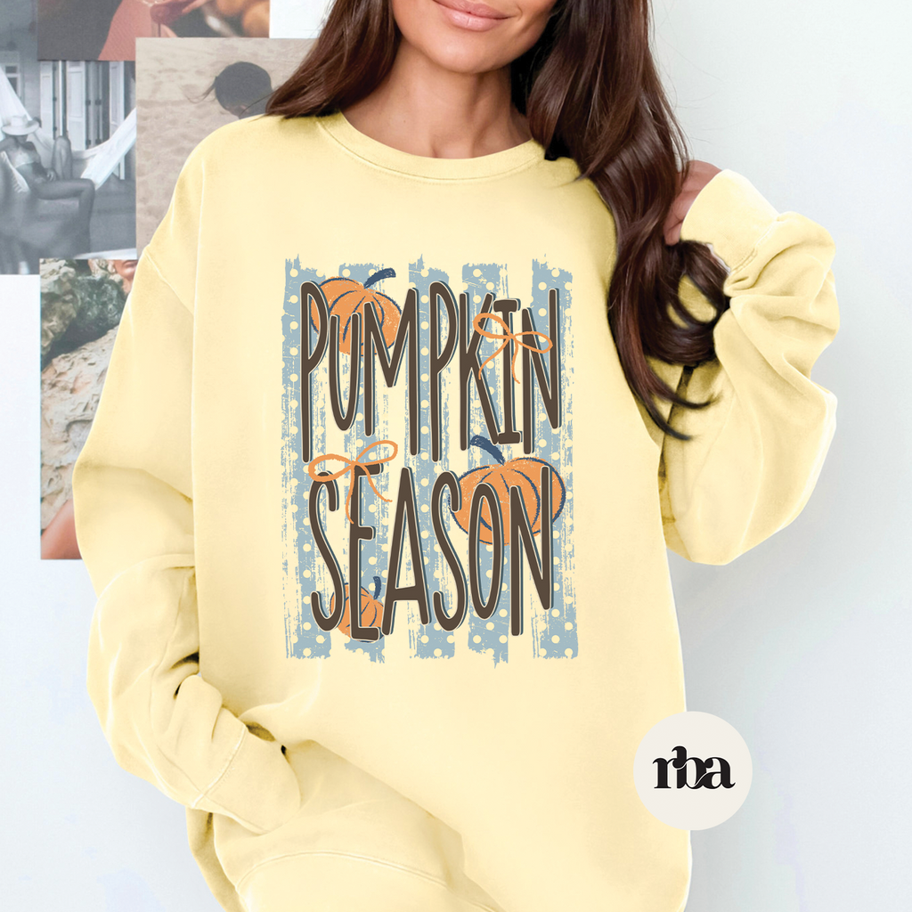 Pumpkin Season Blue Stripes Sweatshirt mockup.
