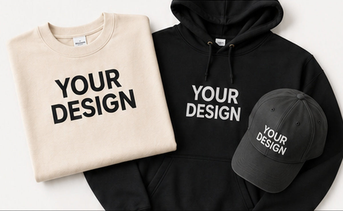 Neutral custom apparel with crewneck, hoodie and cap