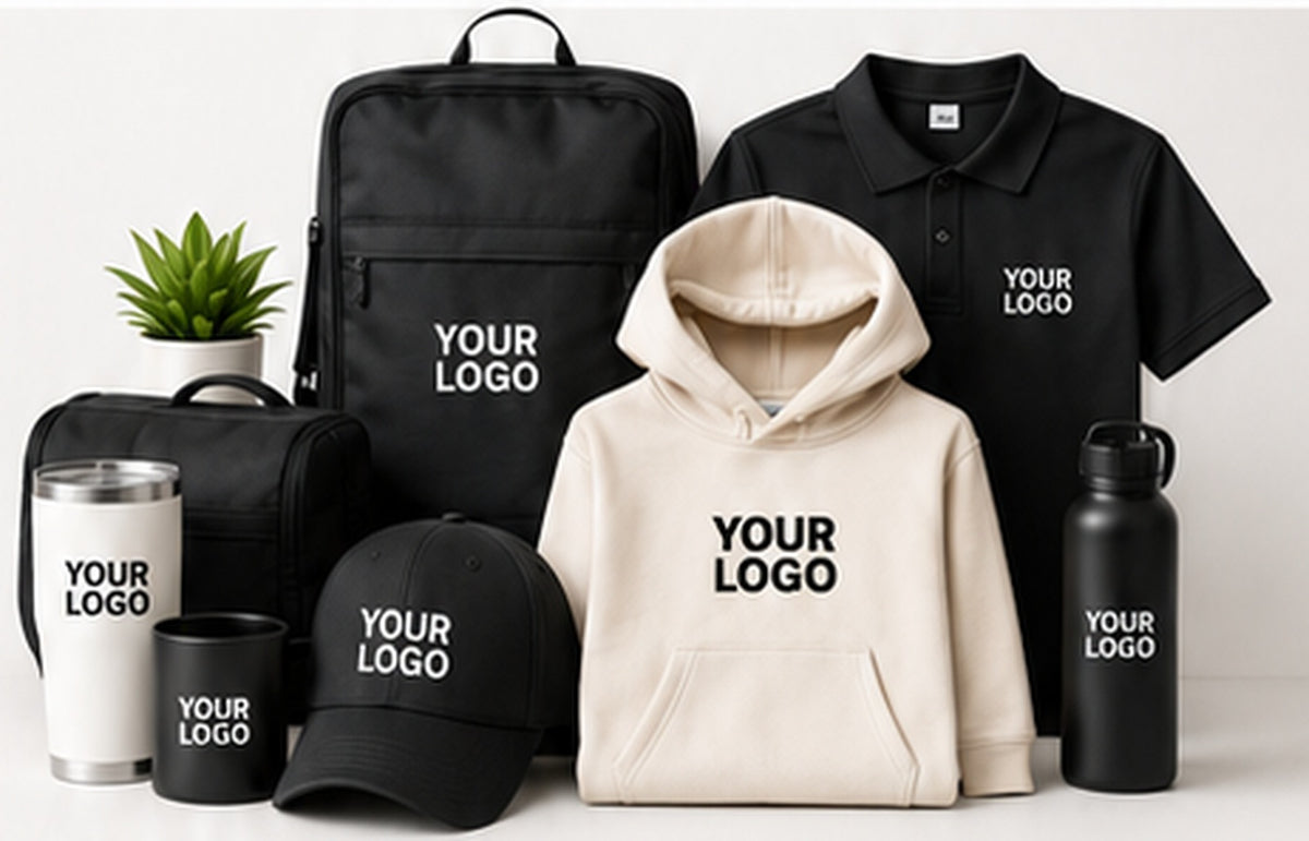 Neutral branded merchandise assortment with apparel and accessories