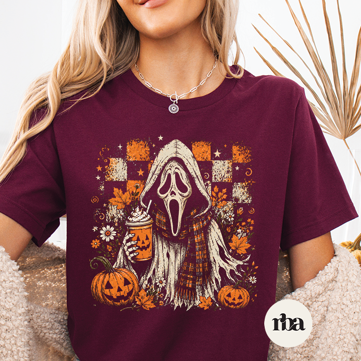 Ghost Face Coffee Halloween graphic T-shirt mockup.