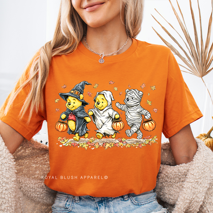 Spooky Pooh Bear Halloween graphic T-shirt mockup.