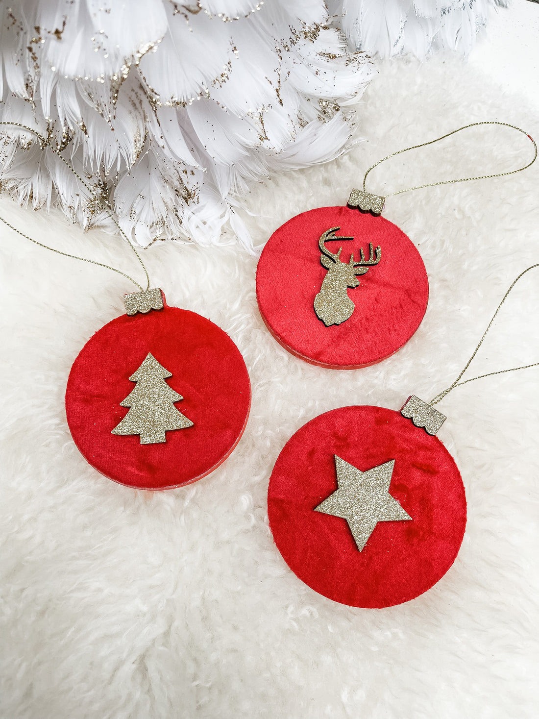 3 Pack Wood/Velvet Red Ornament