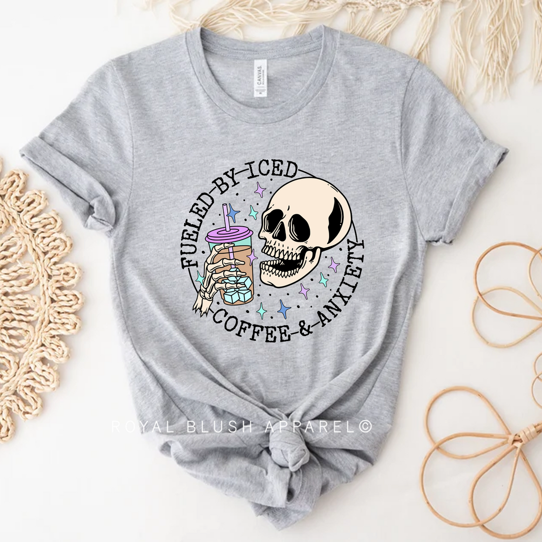 Skeleton Fueled By Iced Coffee &amp; Anxiety Relaxed Unisex T-shirt